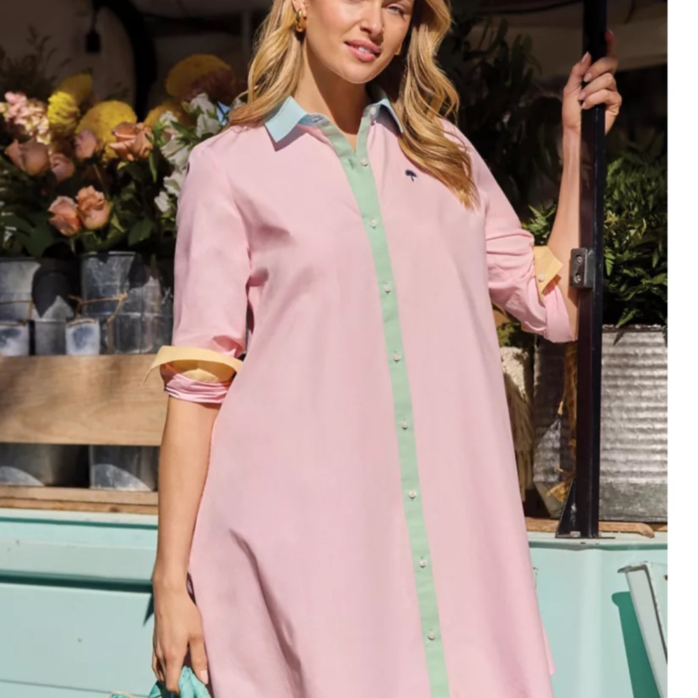 Crown & Ivy Pink Long Sleeve Dress with Green Trim